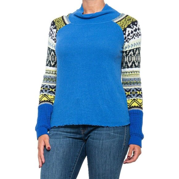 Free People Prism Swit Sweater Top Blue Bell Combo Metallic Sweater NWT $98 S - Picture 1 of 9